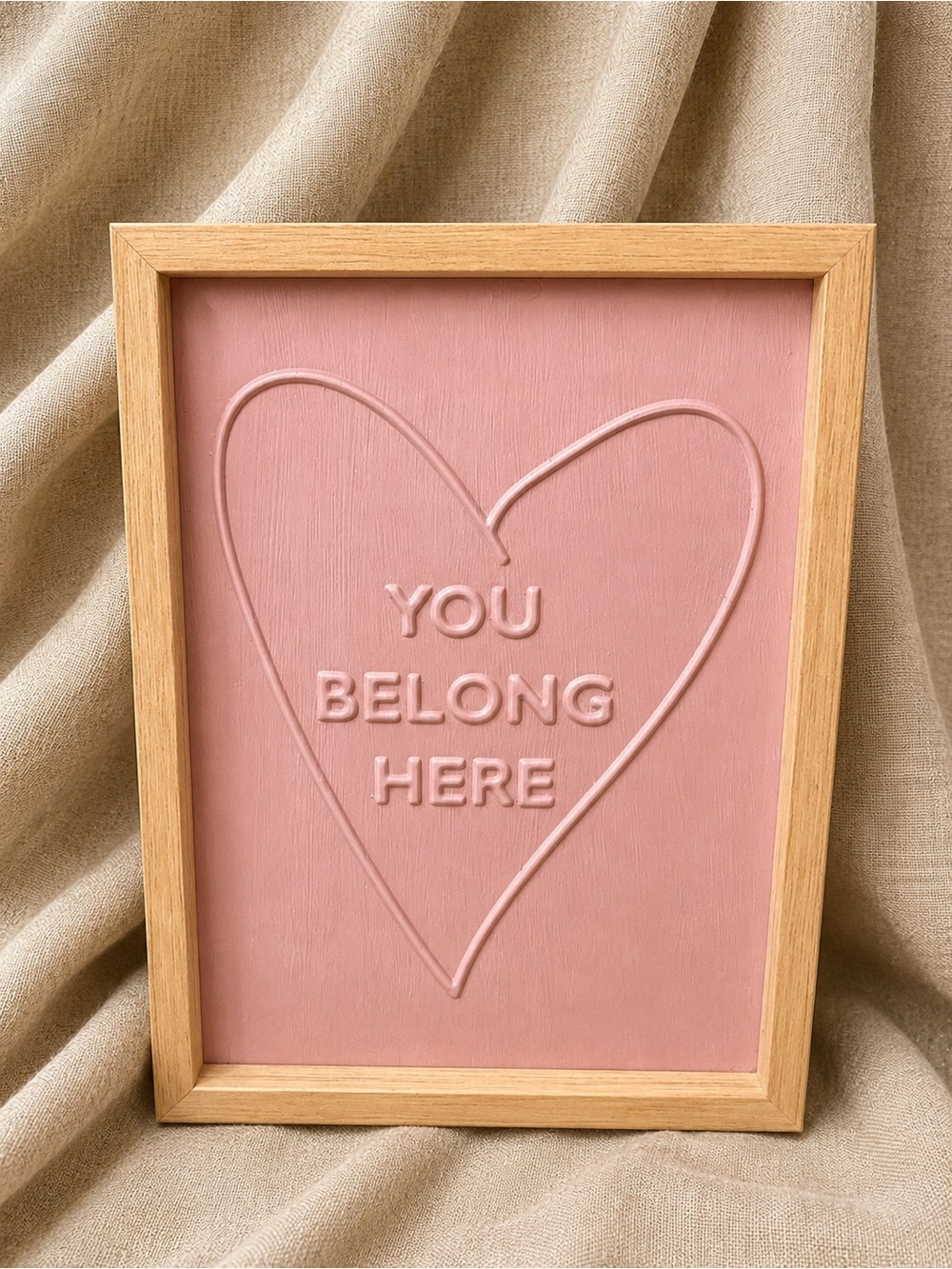 You Belong Here Pressed Tin Wall Art | 8x10” Pink Heart Sign | White Wood Frame